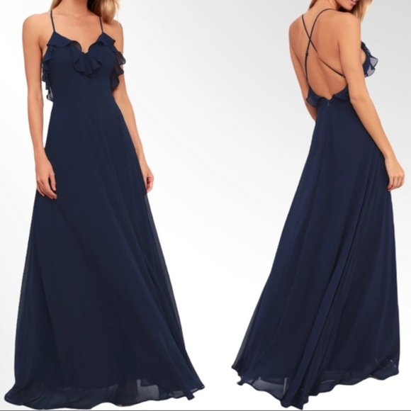 Lulus Dresses & Skirts - Metropolitan Navy Blue Ruffled Maxi Dress Medium